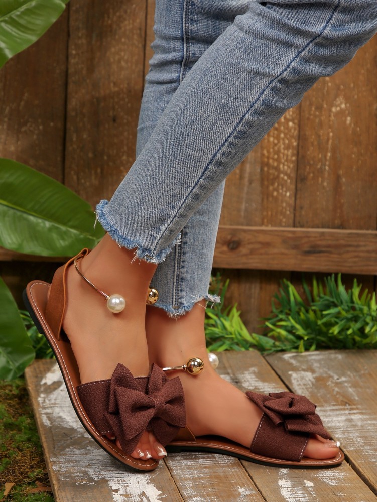 Women's Flat Sandals with Large Bow Open Toe Summer Casual Beach Shoes Beaded Elastic Strap Sandals
