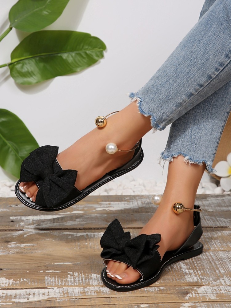 Women's Flat Sandals with Large Bow Open Toe Summer Casual Beach Shoes Beaded Elastic Strap Sandals
