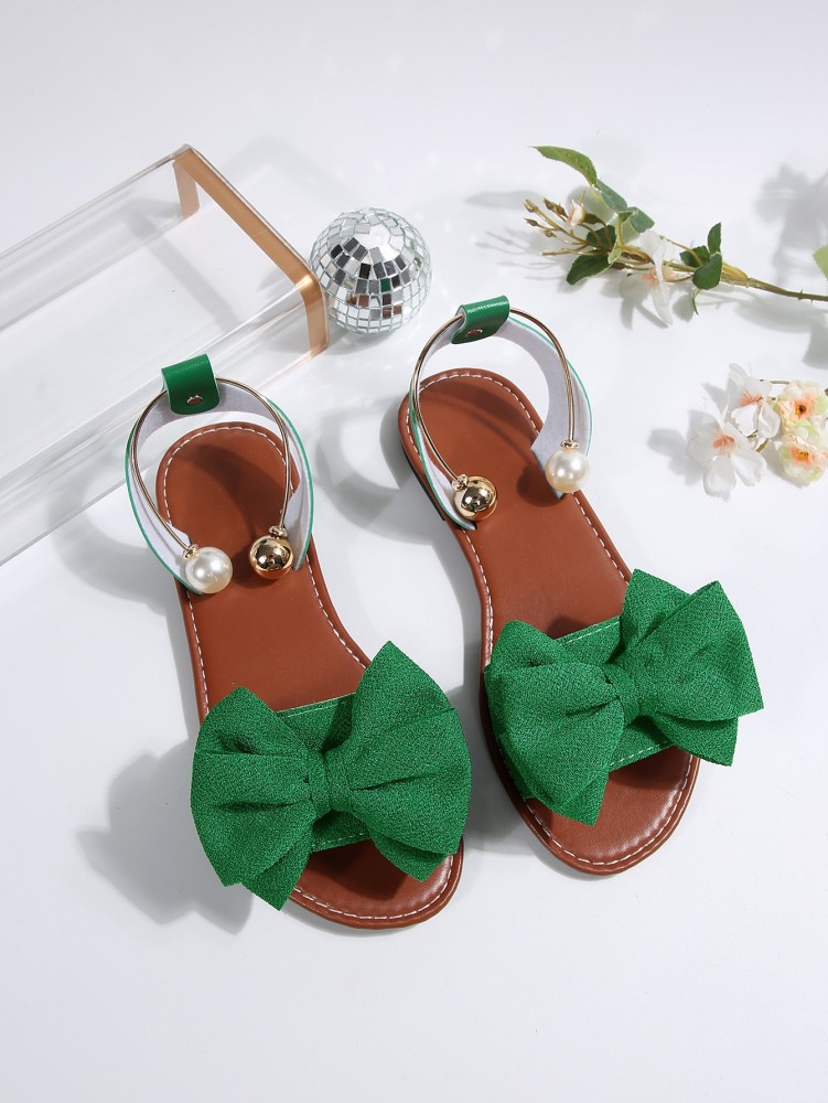 Women's Flat Sandals with Large Bow Open Toe Summer Casual Beach Shoes Beaded Elastic Strap Sandals