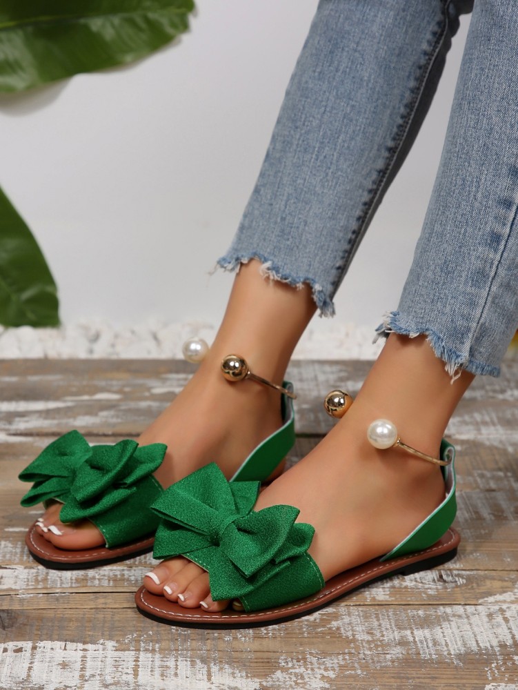 Women's Flat Sandals with Large Bow Open Toe Summer Casual Beach Shoes Beaded Elastic Strap Sandals