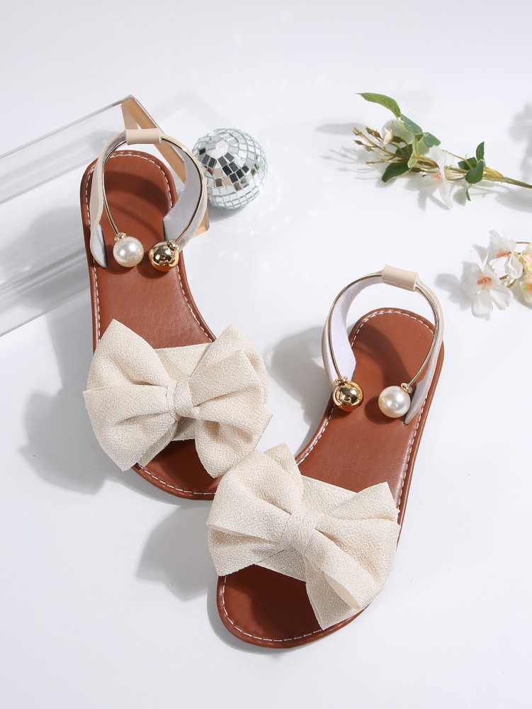 Women's Flat Sandals with Large Bow Open Toe Summer Casual Beach Shoes Beaded Elastic Strap Sandals
