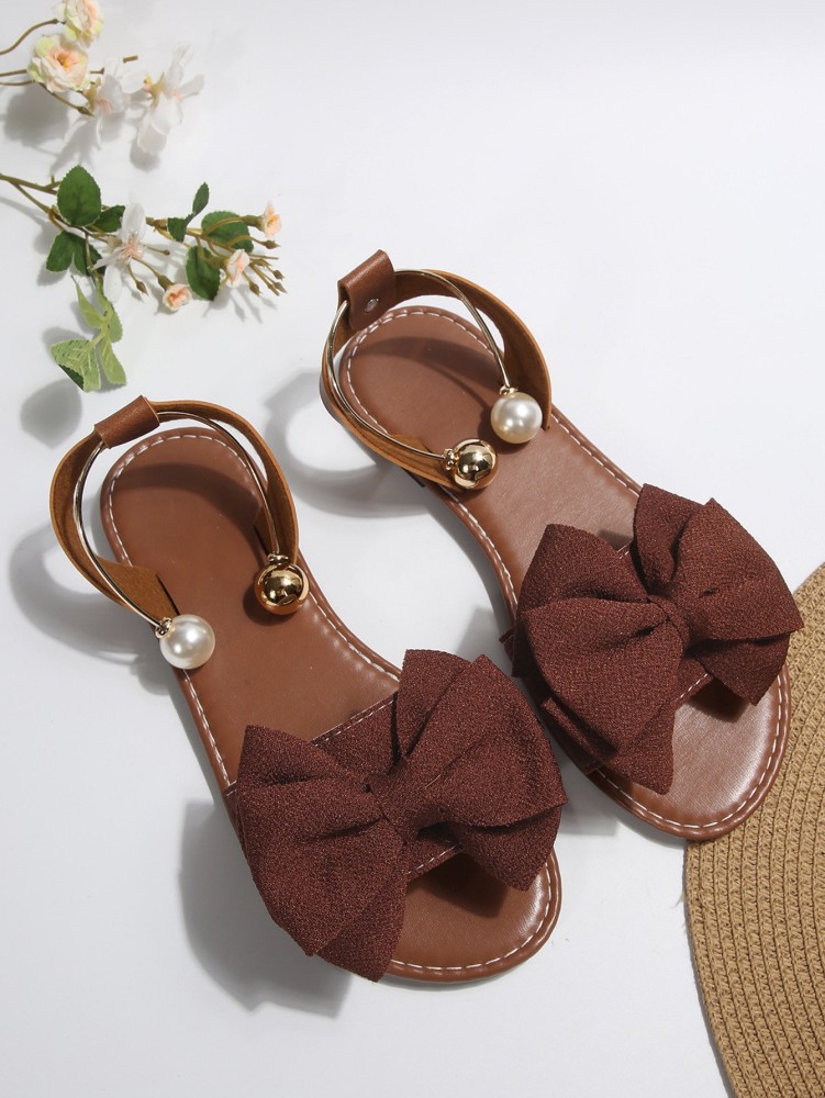 Women's Flat Sandals with Large Bow Open Toe Summer Casual Beach Shoes Beaded Elastic Strap Sandals