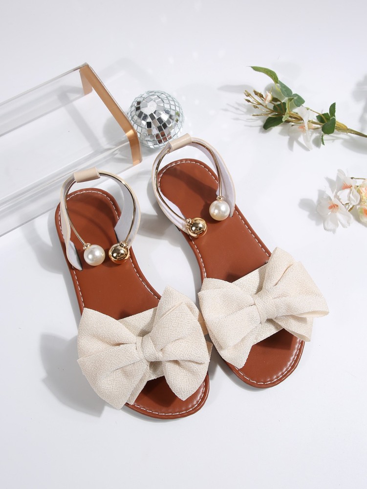 Women's Flat Sandals with Large Bow Open Toe Summer Casual Beach Shoes Beaded Elastic Strap Sandals