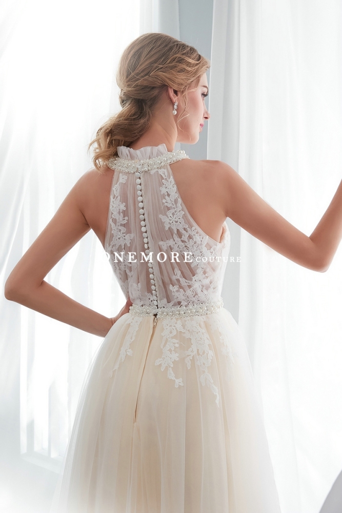 Ivory Lace Over Champagne Tulle Wedding Dresses