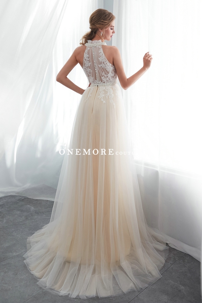 Ivory Lace Over Champagne Tulle Wedding Dresses