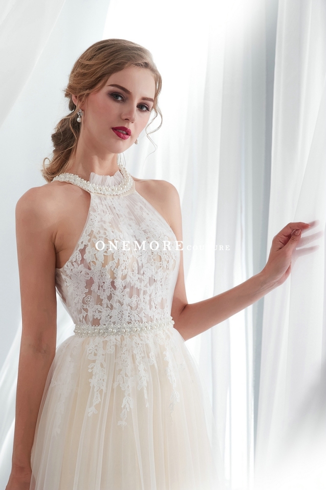 Ivory Lace Over Champagne Tulle Wedding Dresses