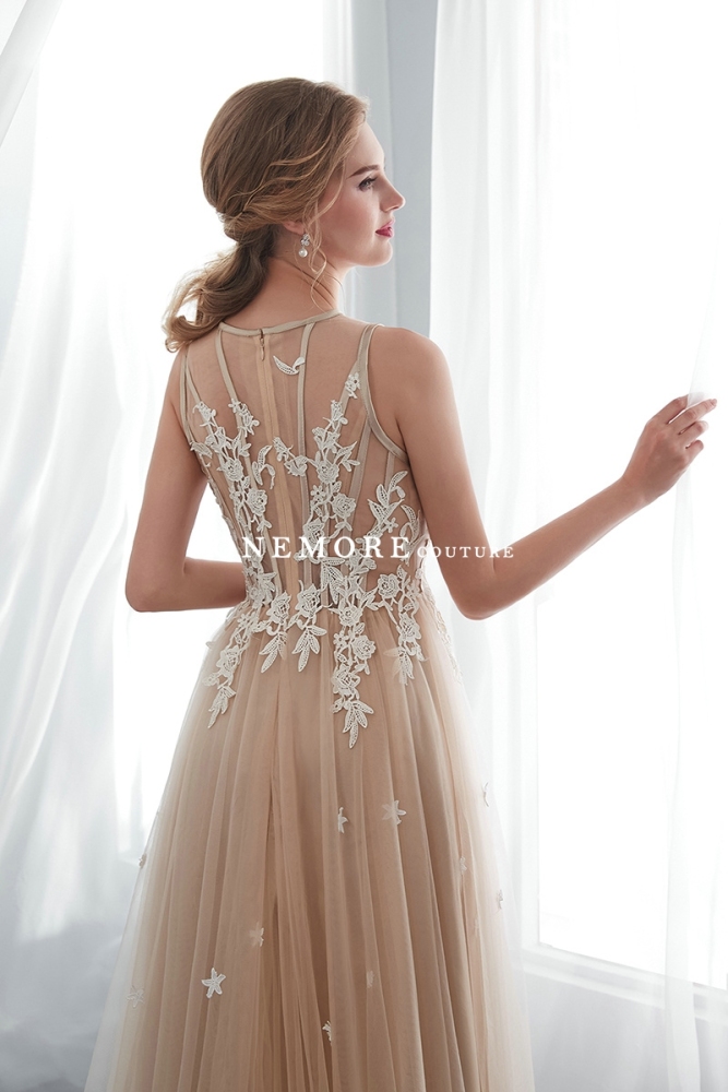 Champagne Tulle Wedding Dresses with Illusion Lace Top