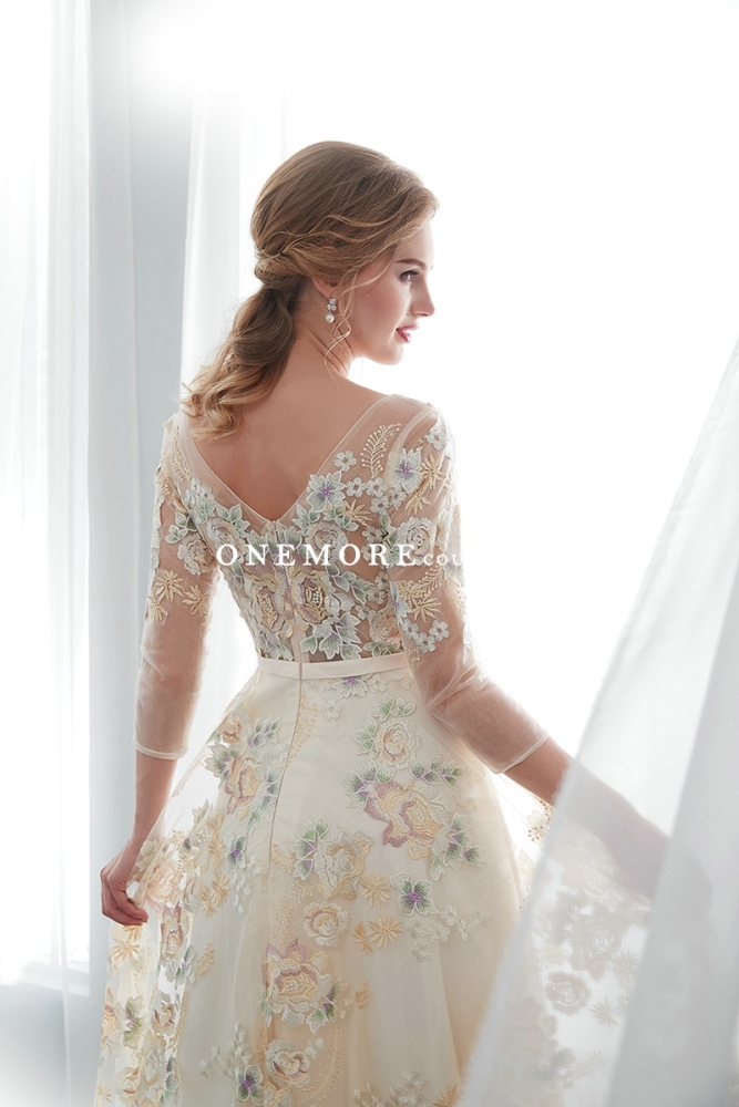 Multi-Coloured Embroidery Lace Long Sleeves Wedding Dress