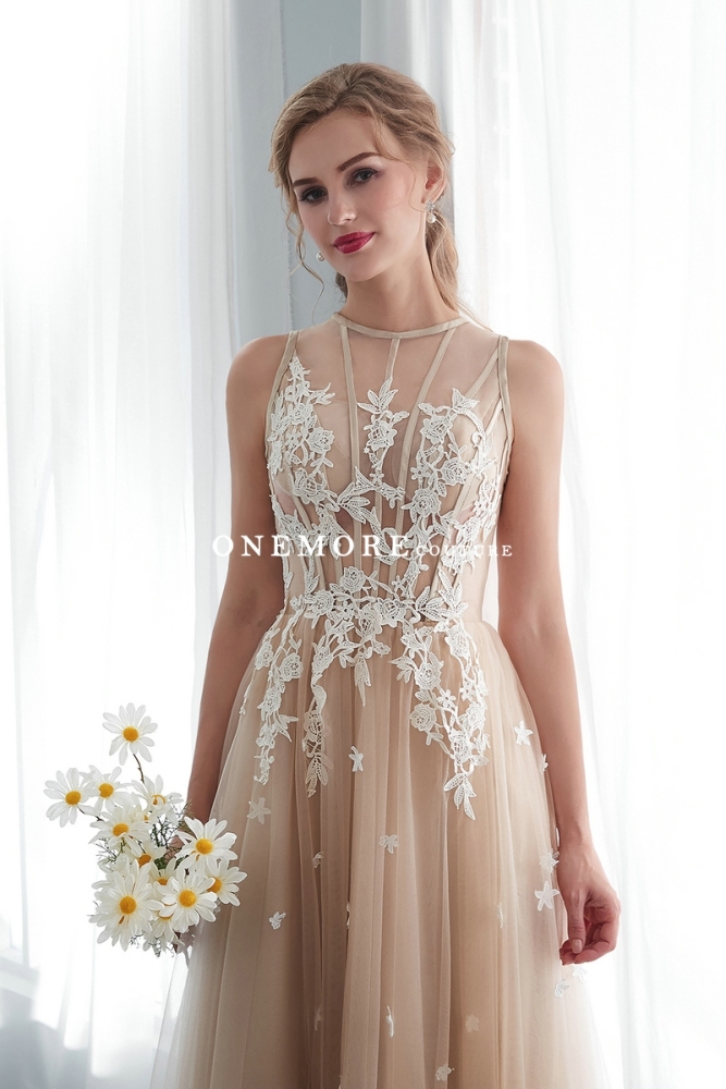 Champagne Tulle Wedding Dresses with Illusion Lace Top