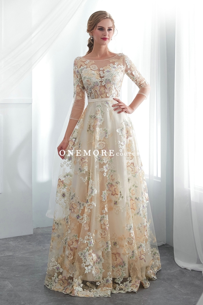 Multi-Coloured Embroidery Lace Long Sleeves Wedding Dress