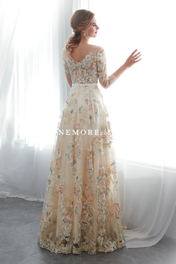 Multi-Coloured Embroidery Lace Long Sleeves Wedding Dress