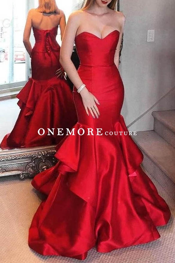 Red Sexy Ruffled Mermaid Mikado Dresses with Train