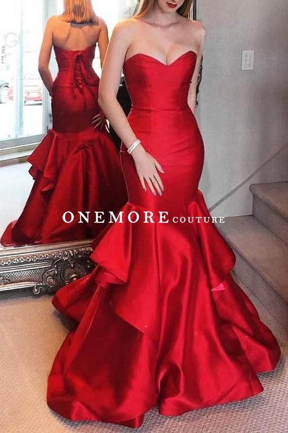 Red Sexy Ruffled Mermaid Mikado Dresses with Train
