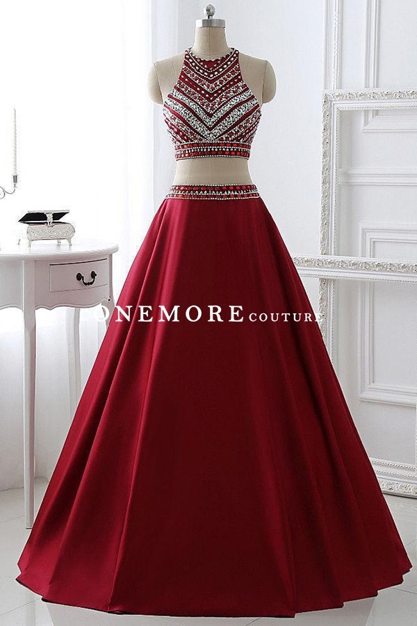 Two Pieces Style Long Red Prom Dresses with Beaded Top