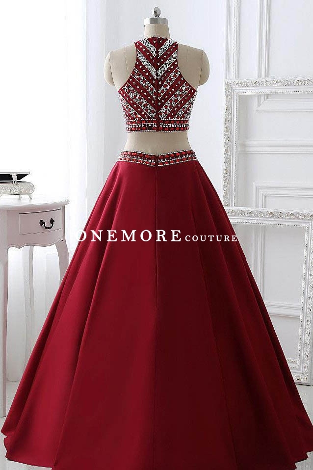 Two Pieces Style Long Red Prom Dresses with Beaded Top