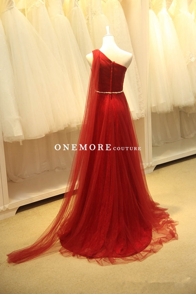 A Line One Shoulder Long Red Dress with Beaded Belt