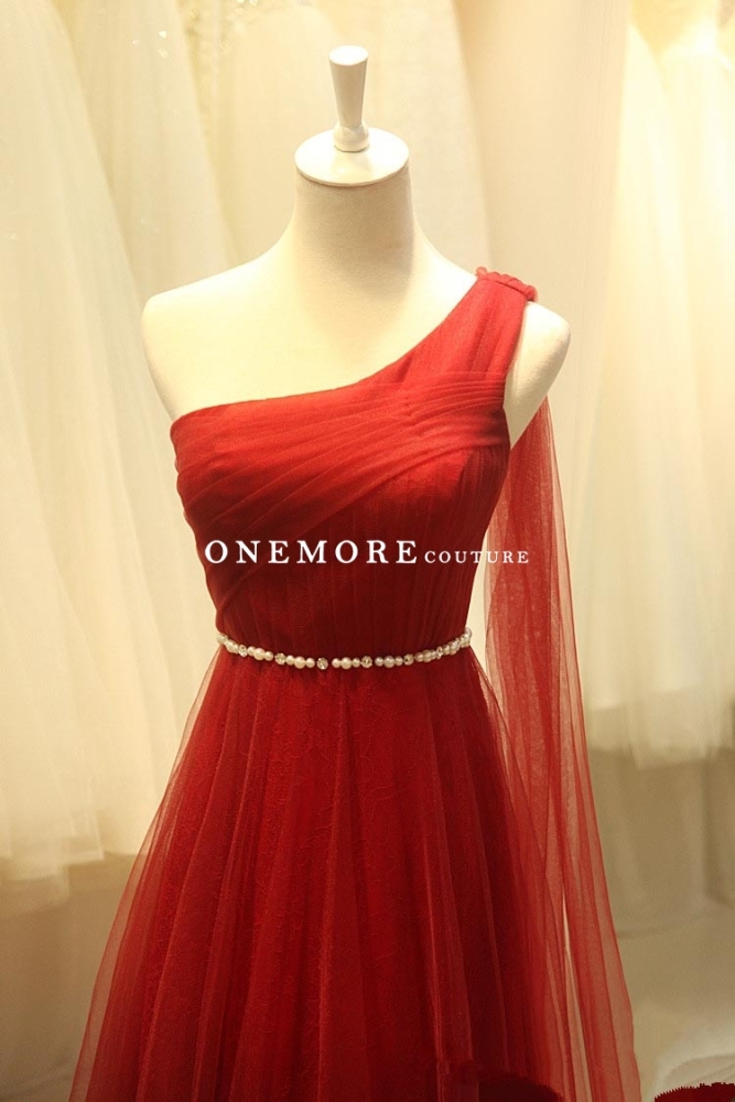 A Line One Shoulder Long Red Dress with Beaded Belt