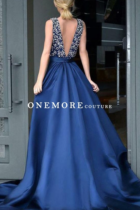 Sexy Low V Back Beaded Navy Satin Prom Dresses