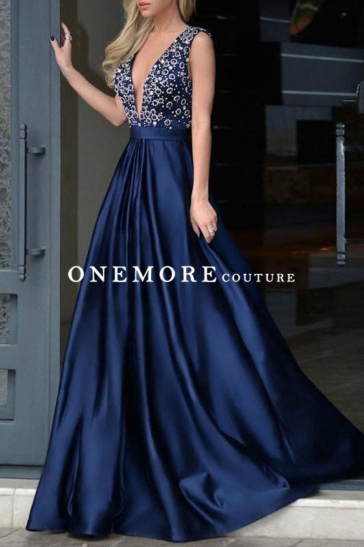 Sexy Low V Back Beaded Navy Satin Prom Dresses