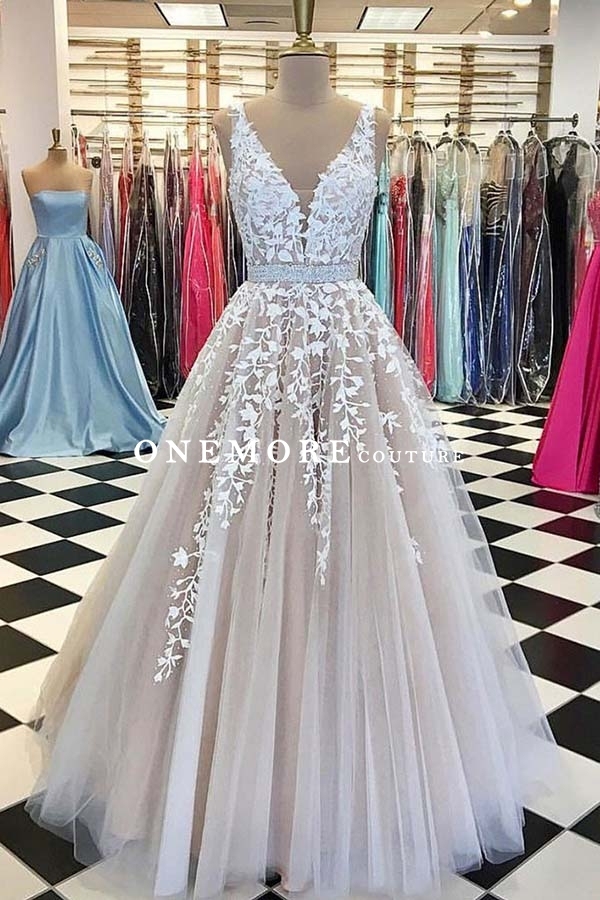 Champagne Beaded Tulle Evening Dress with Ivory Lace