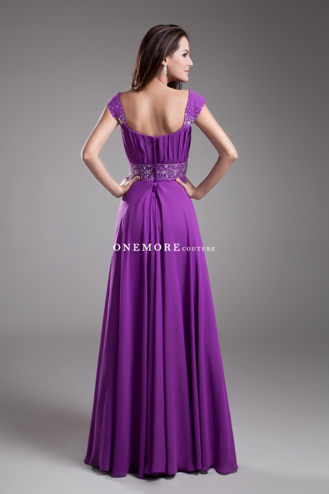 Purple Chiffon Bridesmaid Dresses with Beaded Cap Sleeves