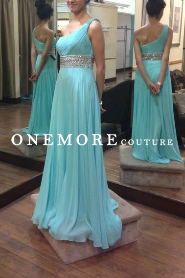 One Shoulder Chiffon Dresses with Beaded Waistband