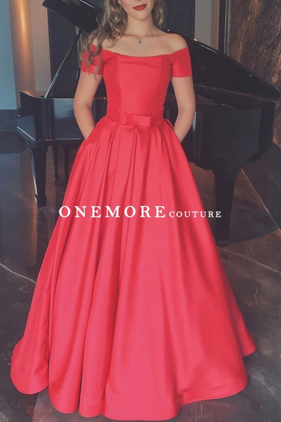 Hot Pink Satin Prom Dresses with Short Off Shoulder Sleeves