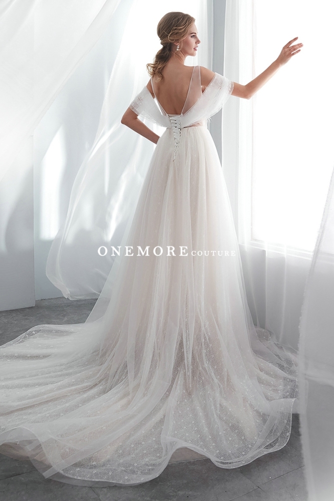 Chantilly Lace Wedding Dresses with Plunge Neckline