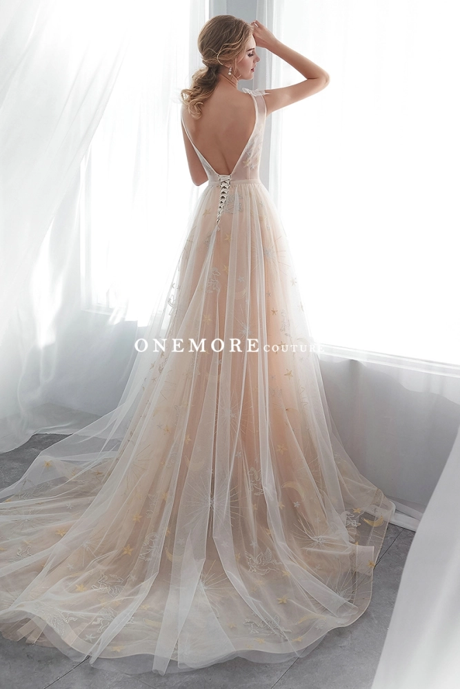 princess polly baby blue dress BABARONI Tulle Lace Champagne Wedding Dresses Sheath Off-the-shoulder  Appliqued Sweep Train Backless main image 0