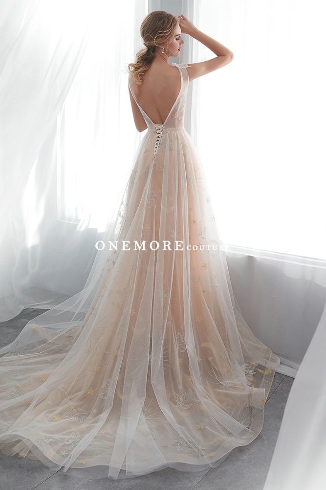 Champagne Embroidery Lace Wedding Dress with Open Back