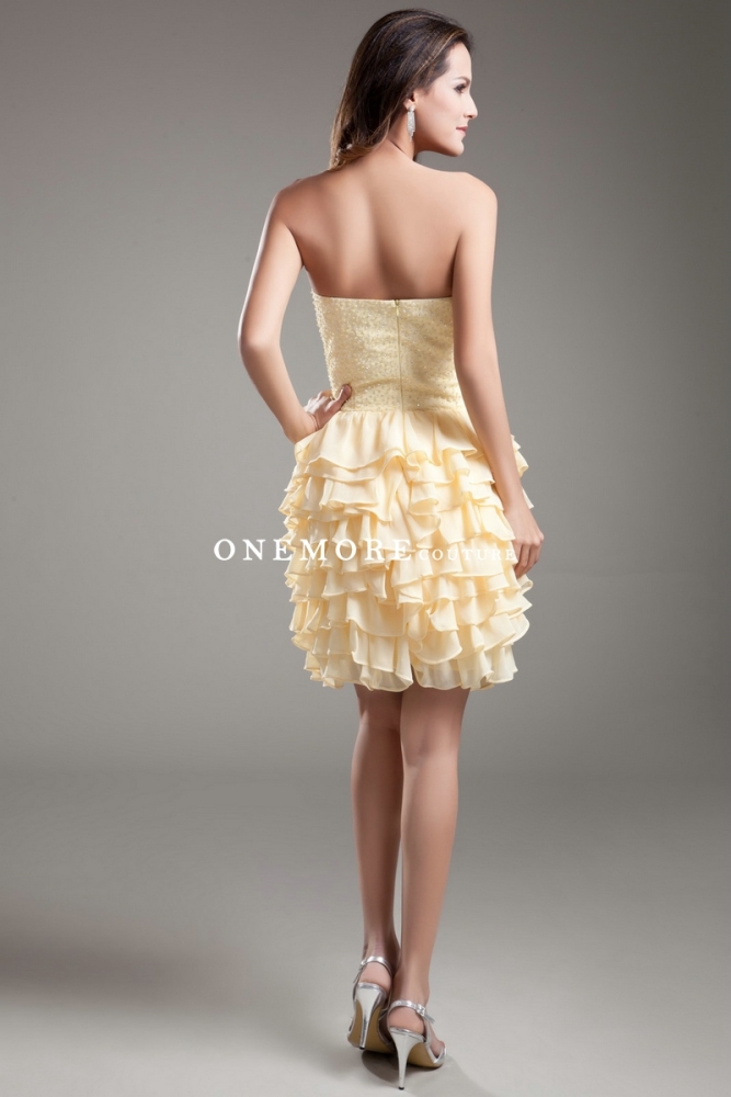 Ruffled Yellow Short Cocktail Dresses with Beaded Bodice