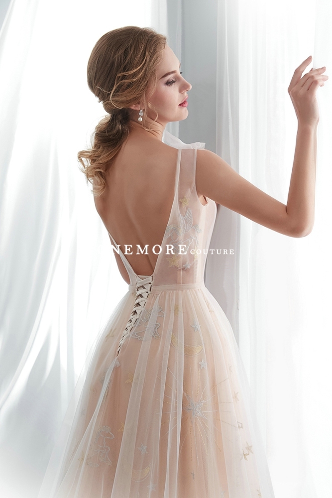 Champagne Embroidery Lace Wedding Dress with Open Back