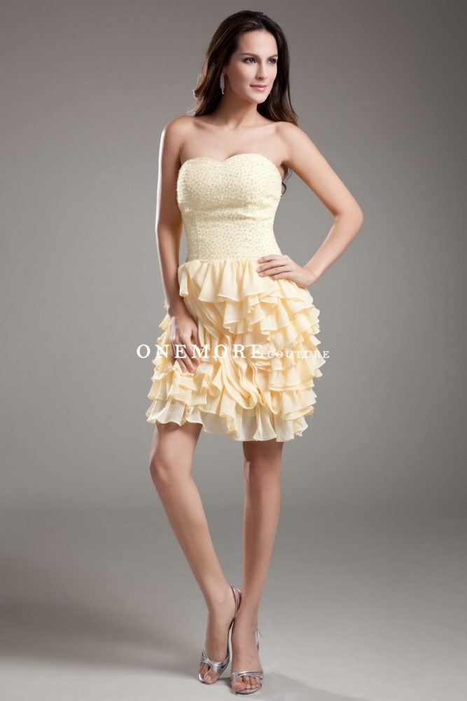 Ruffled Yellow Short Cocktail Dresses with Beaded Bodice