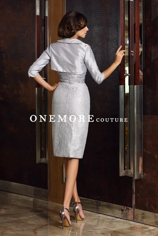 Silver Knee Length Lace Mother of Bride Dresses with Jacket