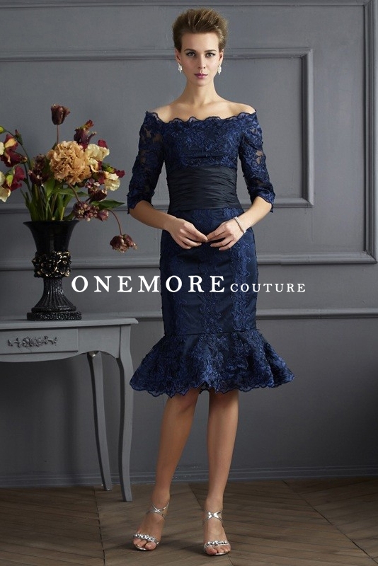Knee Length Off Shoulder Lace Mother of Bride Dress