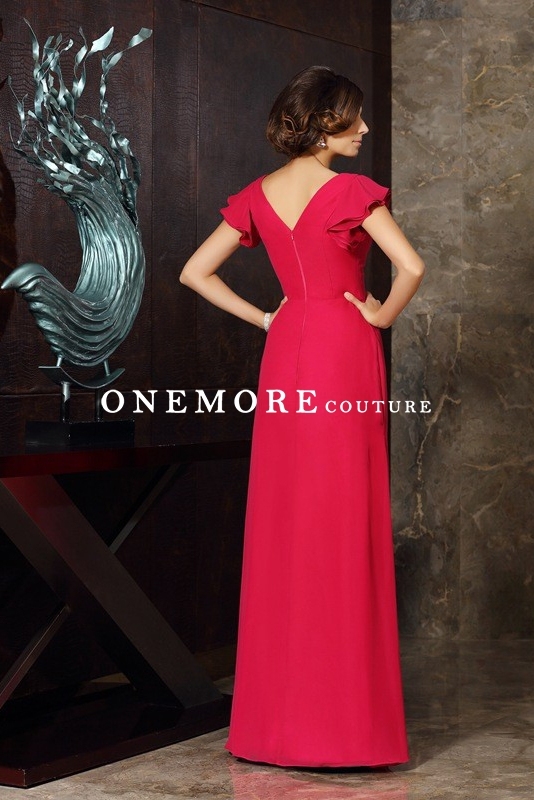 Hot Pink A Line Chiffon Dress with Short Cap Sleeves