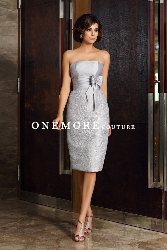 Silver Knee Length Lace Mother of Bride Dresses with Jacket