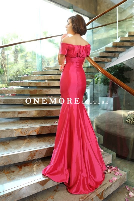 Fuschia Pink Ruffled Off Shoulder Mermaid Taffeta Dress