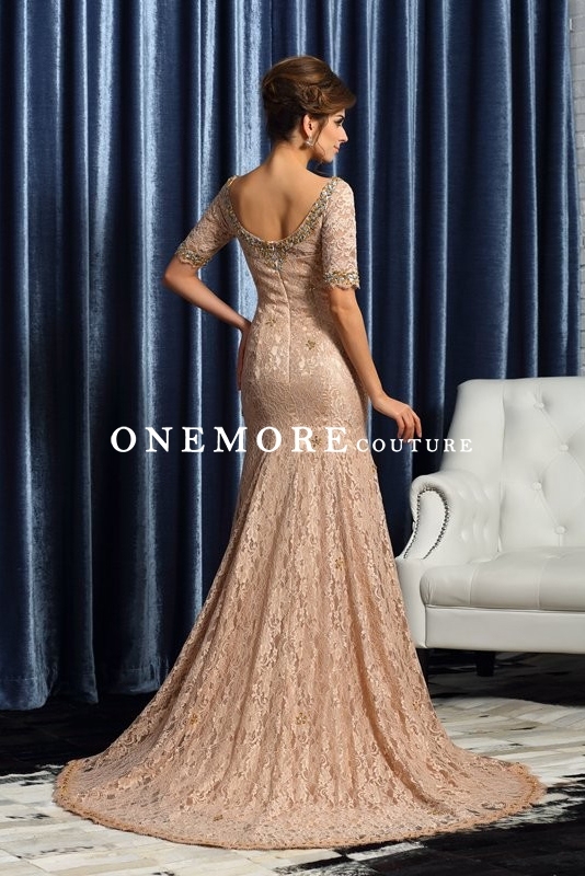 Long Champagne French Lace Mermaid Dresses with Beading