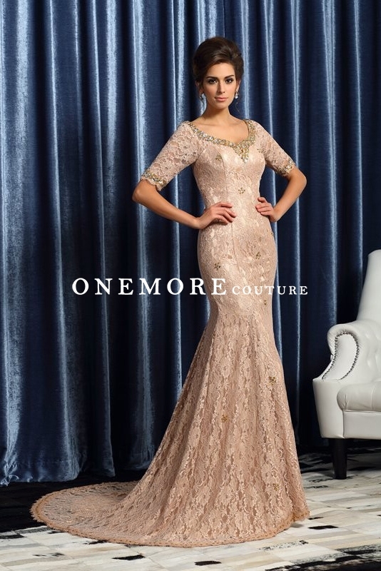 Long Champagne French Lace Mermaid Dresses with Beading