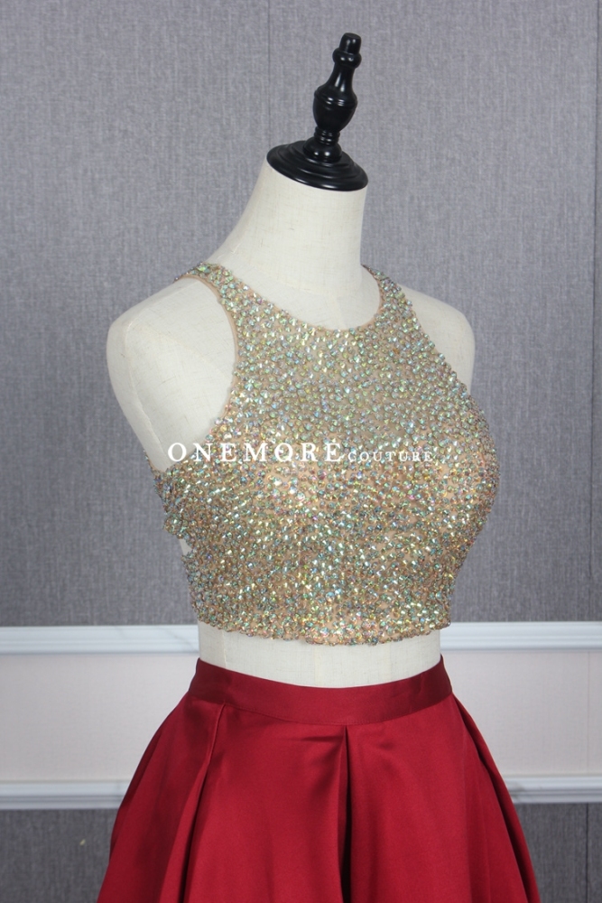 Red Two Pieces Style Dress with Beaded Crop Top and Pocket