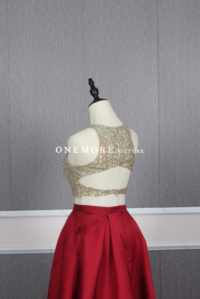 Red Two Pieces Style Dress with Beaded Crop Top and Pocket