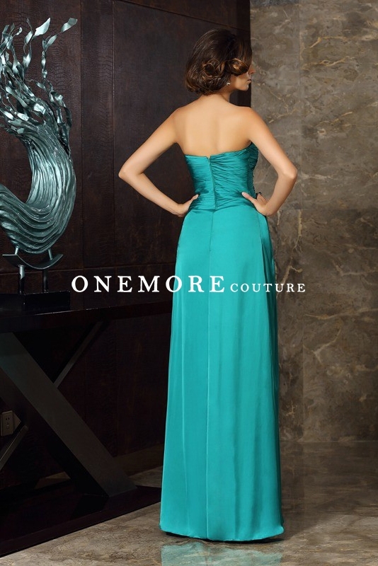 Turquoise A Line Satin Face Chiffon Dress with Pleats