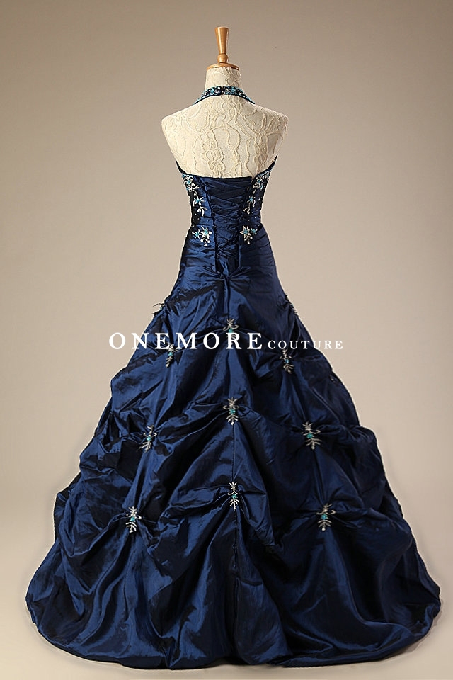 Navy Beaded Quinceanera Dresses with Pickups Taffeta Skirt