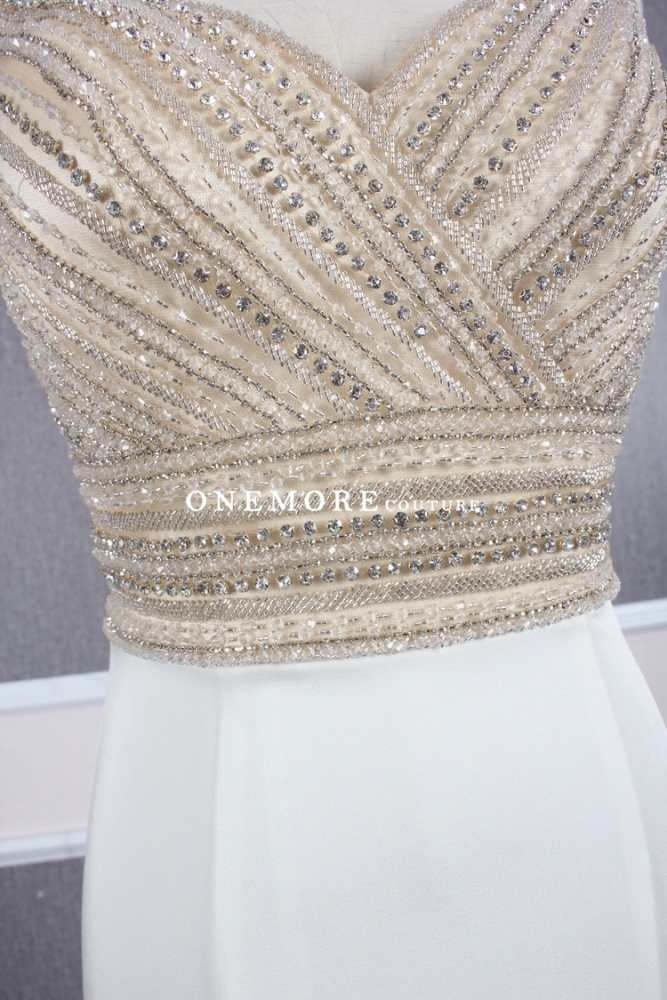 V Neckline Ivory Dress with Beaded Off Shoulder Bodice