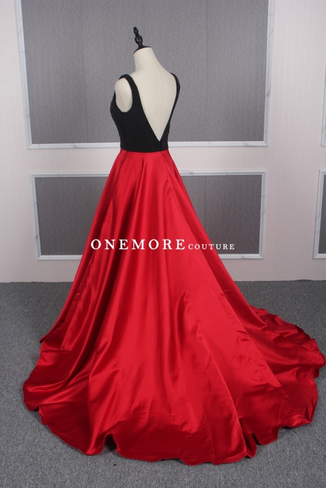 Low V Neck Red Satin Prom Dresses with Black Beaded Bodice