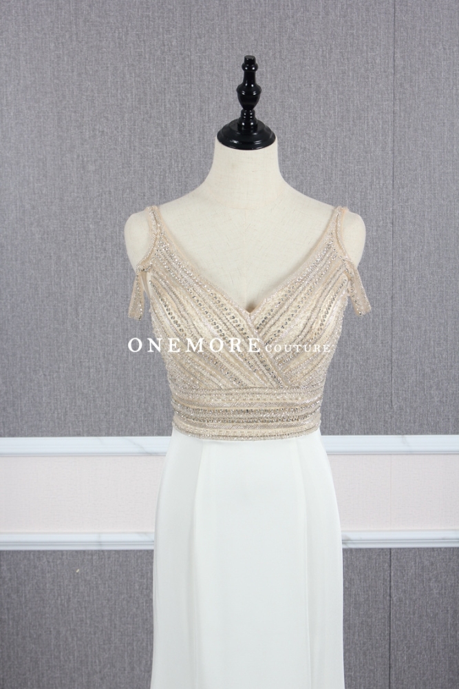 V Neckline Ivory Dress with Beaded Off Shoulder Bodice