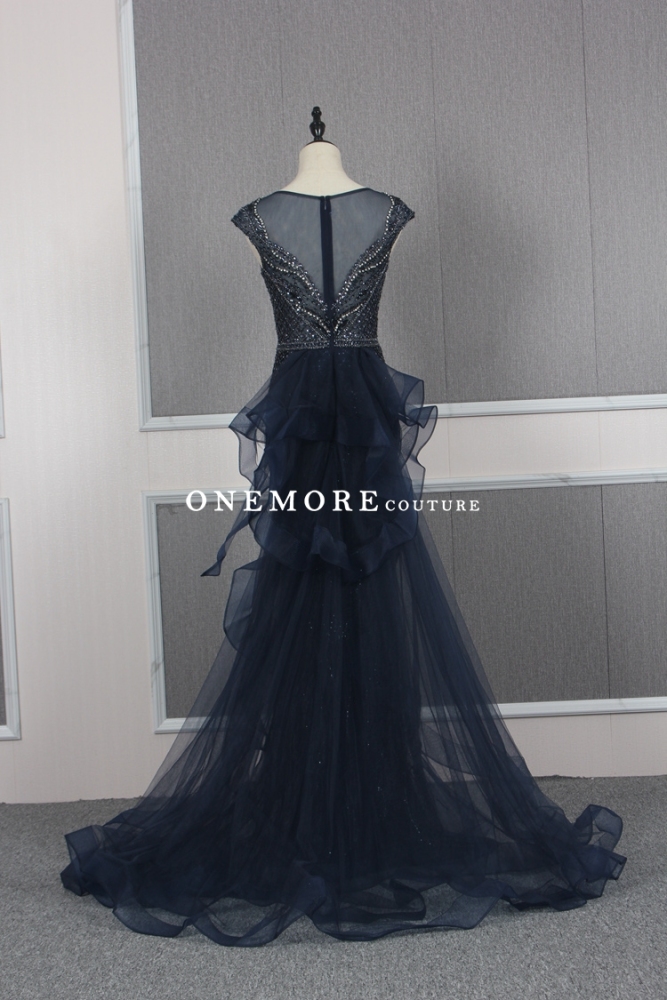 Navy Blue Heavily Beaded Mermaid Pageant Dress with Sleeves