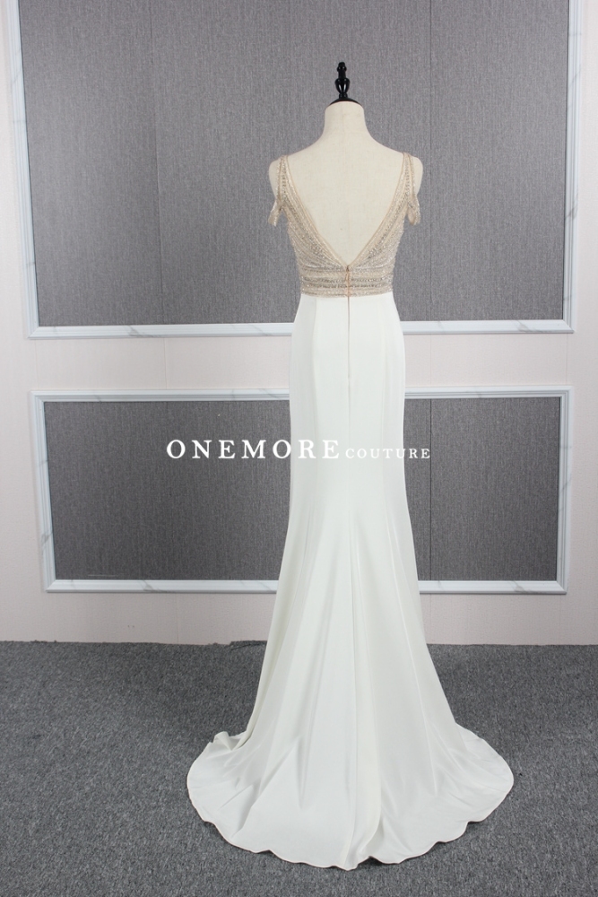 V Neckline Ivory Dress with Beaded Off Shoulder Bodice
