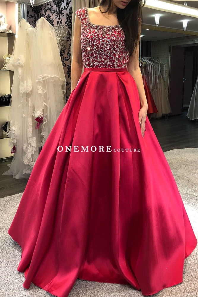 Red Satin Prom Dresses with Beaded Square Neck Bodice